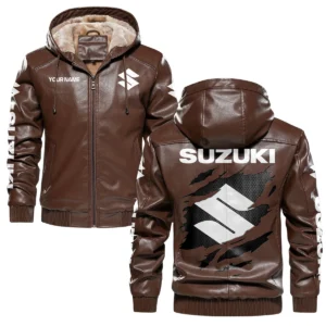Suzuki Exclusive Logo Hooded Leather Jacket QTMO230625A2SUZ - Brown