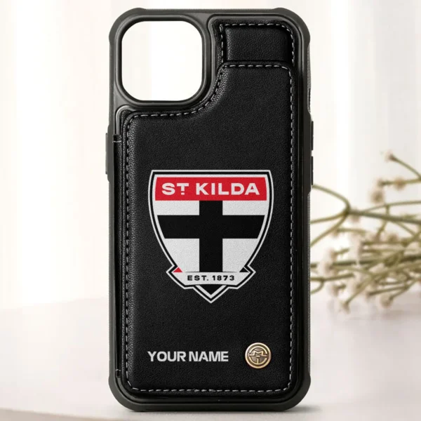 AFL St Kilda Saints Personalized Name - Leather Flip Wallet Phone Case HOAFL010725LPC01STK - Black - Image 3