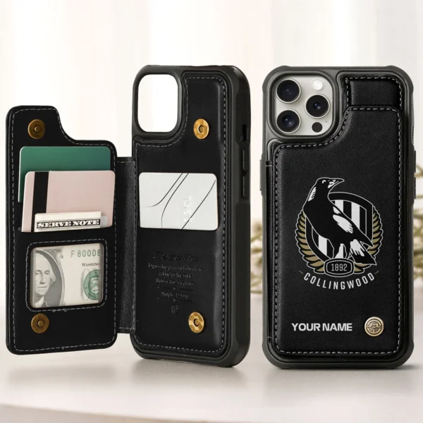 AFL Collingwood Magpies Personalized Name - Leather Flip Wallet Phone Case HOAFL010725LPC01COLL - Black