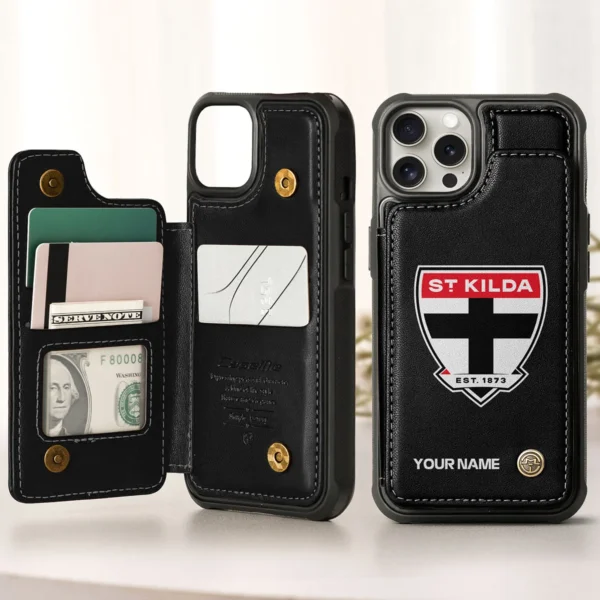 AFL St Kilda Saints Personalized Name - Leather Flip Wallet Phone Case HOAFL010725LPC01STK - Black