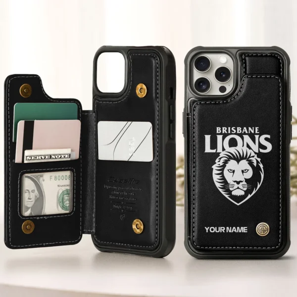 AFL Brisbane Lions Personalized Name - Leather Flip Wallet Phone Case HOAFL010725LPC02BL - Black