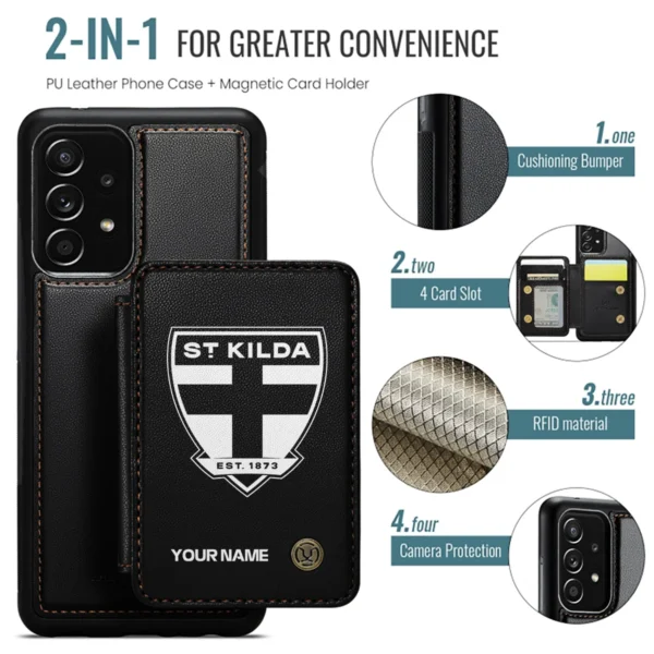 AFL St Kilda Saints Personalized Name - Leather Flip Wallet Phone Case HOAFL010725LPC02STK - Black - Image 2