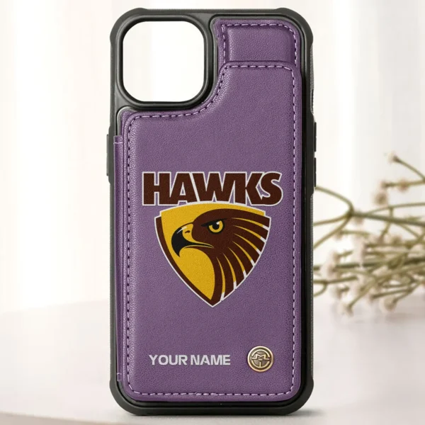 AFL Hawthorn Hawks Personalized Name - Leather Flip Wallet Phone Case HOAFL010725LPC01HAW - Purple - Image 2
