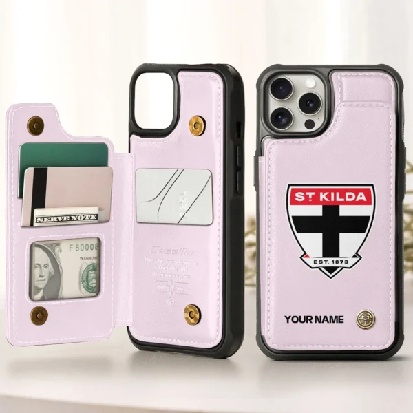 AFL St Kilda Saints Personalized Name - Leather Flip Wallet Phone Case HOAFL010725LPC01STK - Light Pink