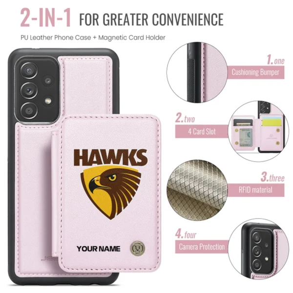 AFL Hawthorn Hawks Personalized Name - Leather Flip Wallet Phone Case HOAFL010725LPC01HAW - Light Pink - Image 3