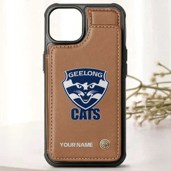 AFL Geelong Cats Personalized Name - Leather Flip Wallet Phone Case HOAFL010725LPC01GEEL - Brown - Image 2
