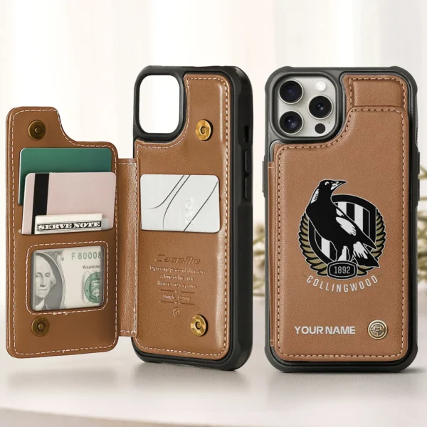 AFL Collingwood Magpies Personalized Name - Leather Flip Wallet Phone Case HOAFL010725LPC01COLL - Brown