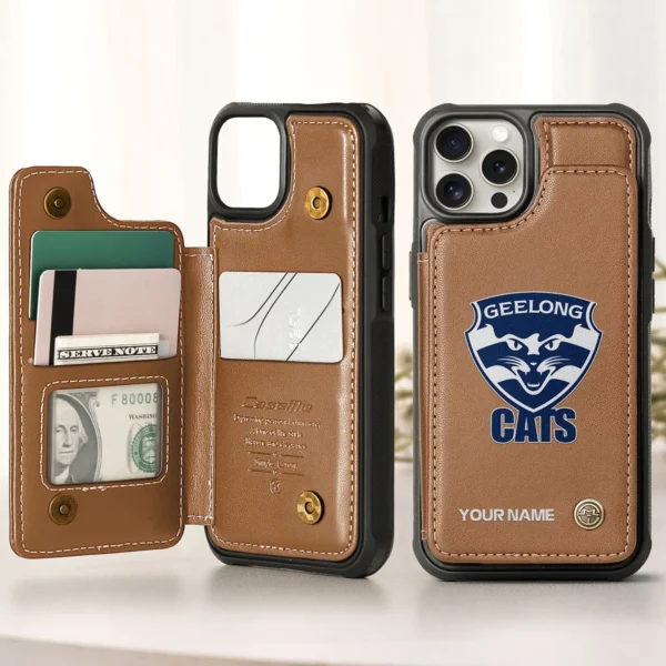 AFL Geelong Cats Personalized Name - Leather Flip Wallet Phone Case HOAFL010725LPC01GEEL - Brown